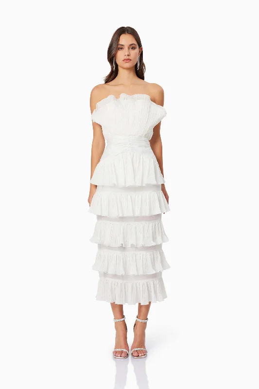 Maya Pleated Midi Dress in White Comfortable Empire Waist Midi Dress