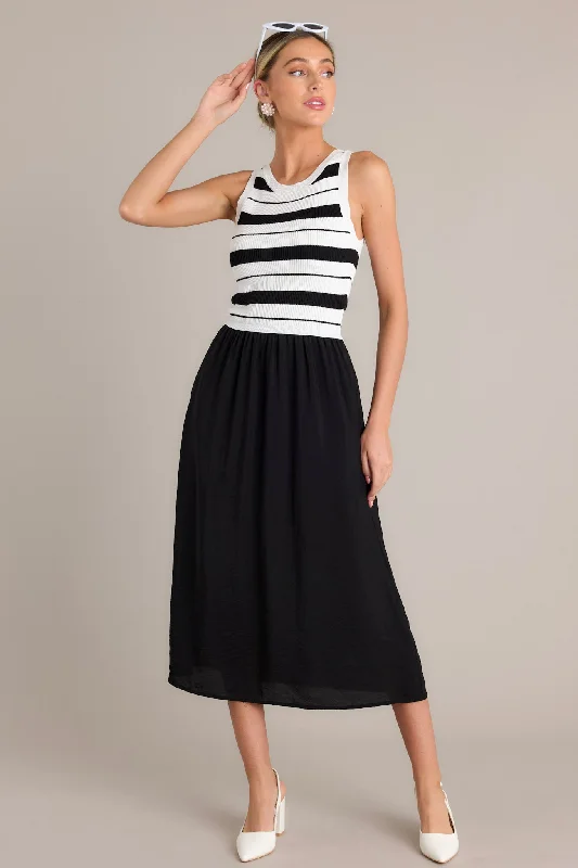 Monochrome Moments Black Stripe Midi Dress Trendy Floral Wrap Midi Dress