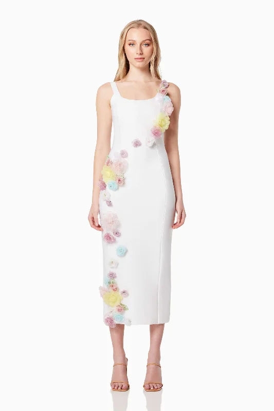 Motif 3D Floral Midi Dress In White Stylish Silk Midi Dress