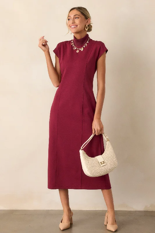 My Lifestyle Burgundy Mock Neck Midi Dress Comfortable Short Sleeve Midi Dress