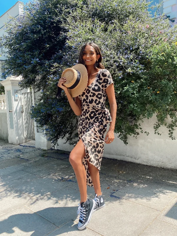 Naomi Animal Print Jersey Wrap Midi Dress Comfortable Short Sleeve Midi Dress