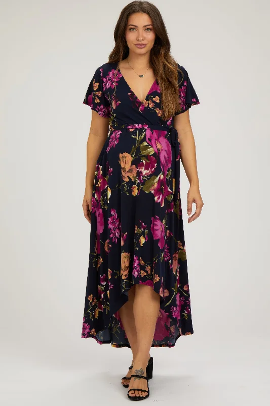 Navy Blue Floral Print Wrap Front V-Neck Hi-Low Maternity Midi Dress Comfortable Casual Midi Dress Navy Blue Floral Print Wrap Front V-Neck Hi-Low Maternity Midi Dress Comfortable Casual Midi Dress