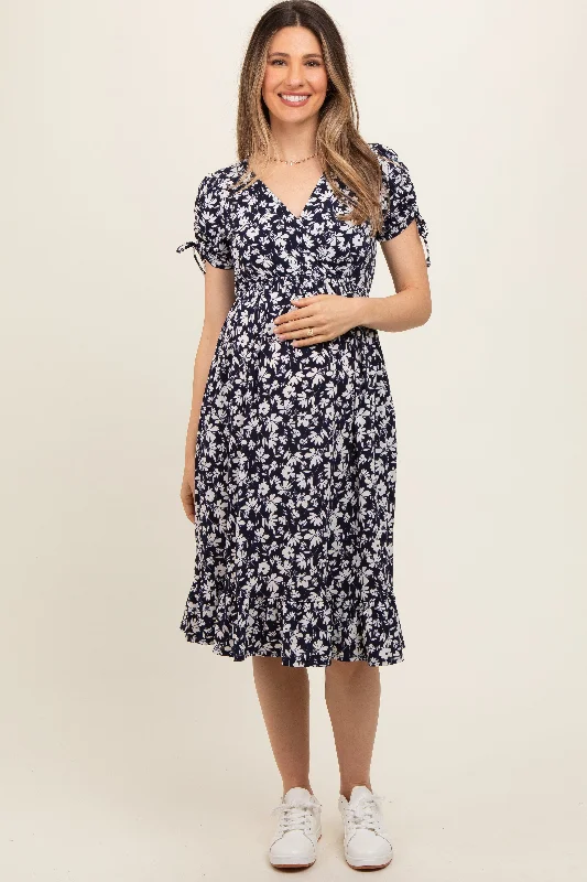 Navy Blue Floral Wrap Maternity Midi Dress Chic Off-Shoulder Midi Dress