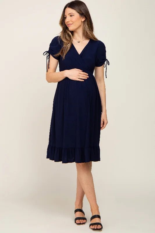 Navy Cinched Sleeve Maternity Midi Dress Chic Bohemian Midi Dress