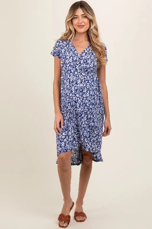 Navy Floral Wrap Maternity Midi Dress Elegant Floral Skirt Midi Dress