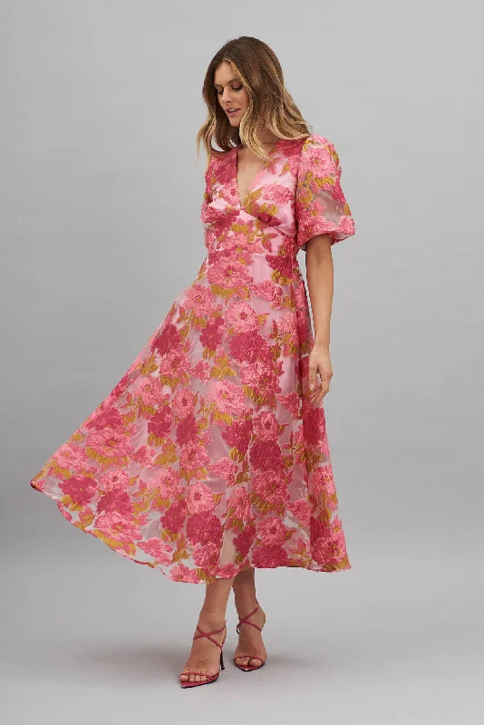 Opulence Midi Dress In Pink Floral Organza Burnout Fashionable A-Line Midi Dress