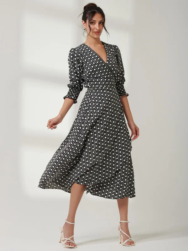 Peyton Wrap Puff Sleeve Midi Dress, Black Geo Fashionable Pleated Midi Dress