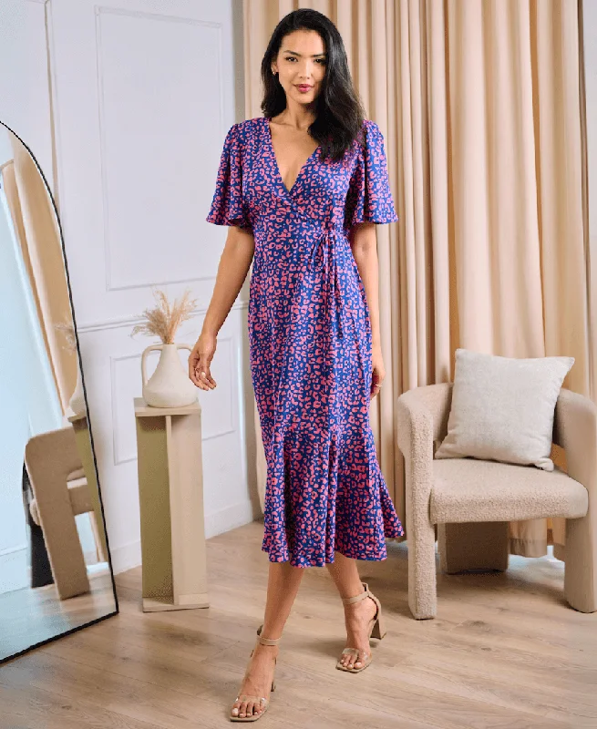 Pink Animal Wrap Midi Dress Elegant Satin Slip Midi Dress