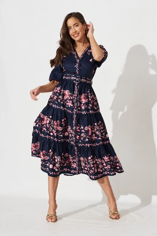 Piper Midi Dress In Navy With Blush Floral Stylish Silk Midi Dress