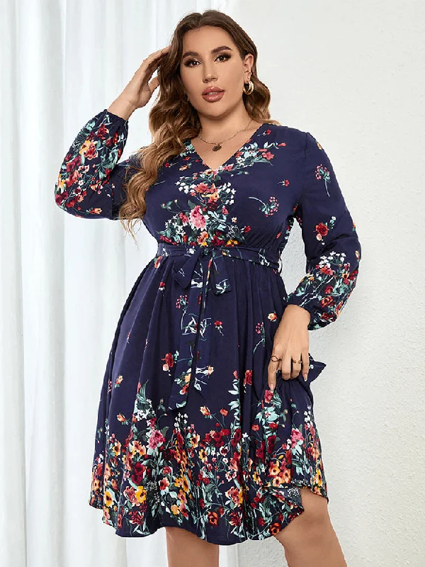 Plus Blue Floral Wrap Lantern Sleeve Midi Dress Fashionable Casual Midi Dress