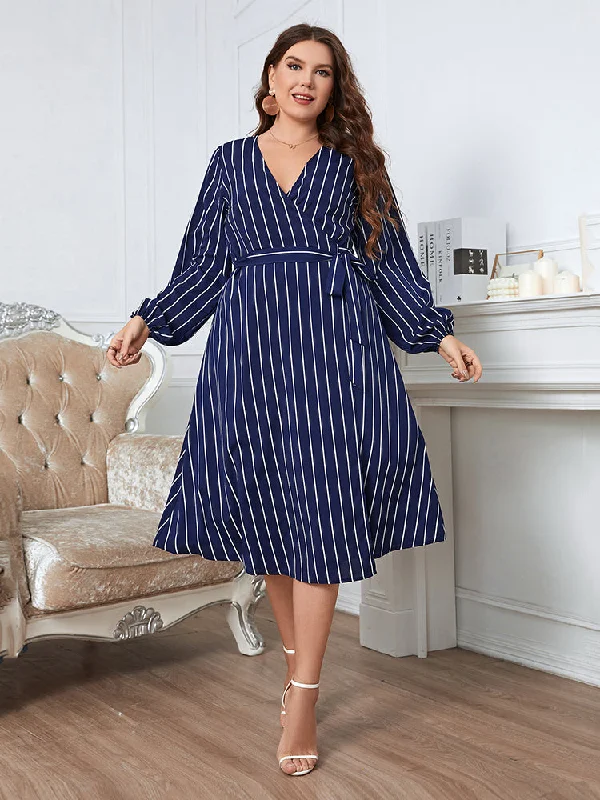 Plus Blue Striped Crisscross Wrap Midi Dress Comfortable Short Sleeve Midi Dress
