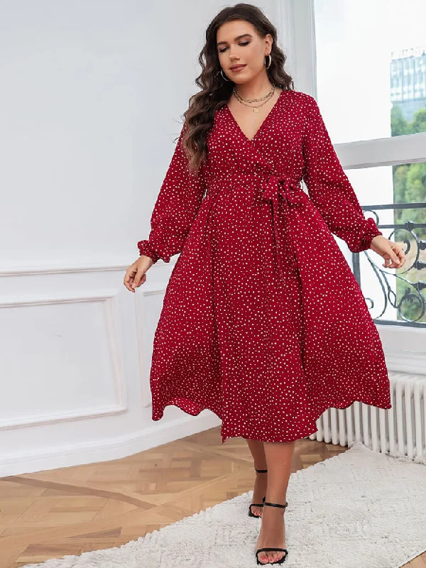 Plus Polka Dot V-Neck Knot Side Wrap Midi Dresses Comfortable Button Front Midi Dress Plus Polka Dot V-Neck Knot Side Wrap Midi Dresses Comfortable Button Front Midi Dress
