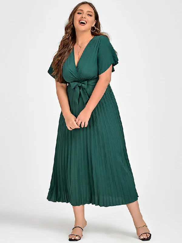 Plus Green Ruffle Sleeve Wrap Midi Dress Stylish Vintage Midi Dress