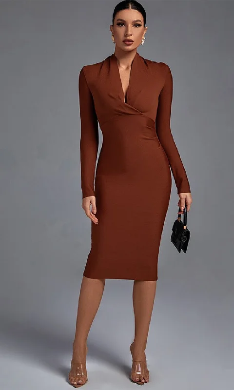 Power Player <br><span>Brown Long Sleeve Cross Wrap V Neck Bodycon Bandage Midi Dress</span> Comfortable Ribbed Midi Dress Power Player <br><span>Brown Long Sleeve Cross Wrap V Neck Bodycon Bandage Midi Dress</span> Comfortable Ribbed Midi Dress