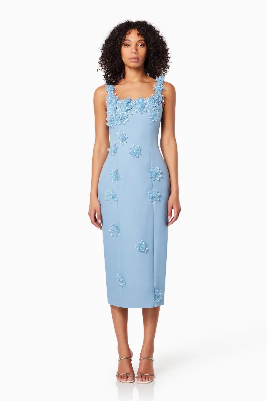 Prague 3D Floral Midi Dress In Blue Comfortable Button Front Midi Dress