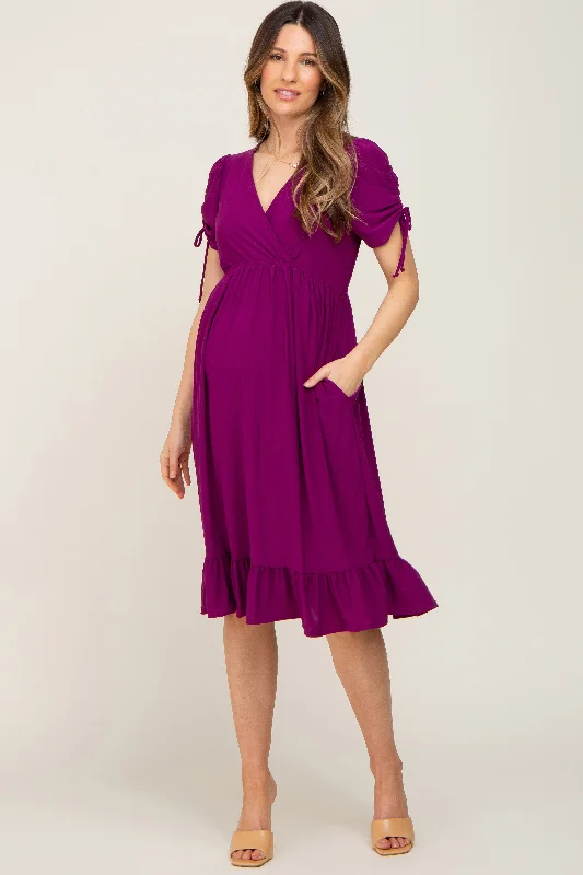 Purple Cinched Sleeve Maternity Midi Dress Trendy Shift Midi Dress