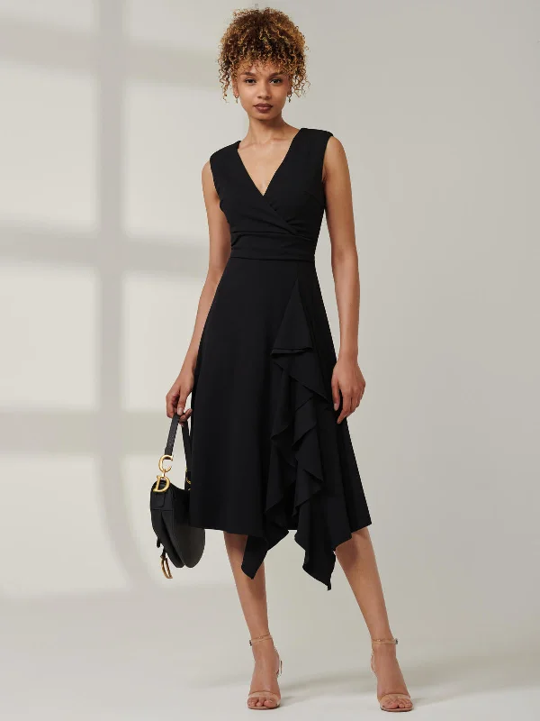 Qiana Ruffle Detail Midi Dress, Black Stylish Wraparound Midi Dress