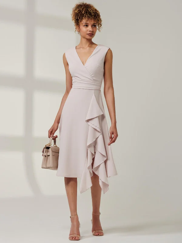 Qiana Ruffle Detail Midi Dress, Dove Elegant Pleated Sleeve Midi Dress