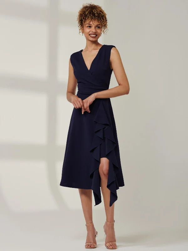 Qiana Ruffle Detail Midi Dress, Navy Comfortable Deep V Midi Dress