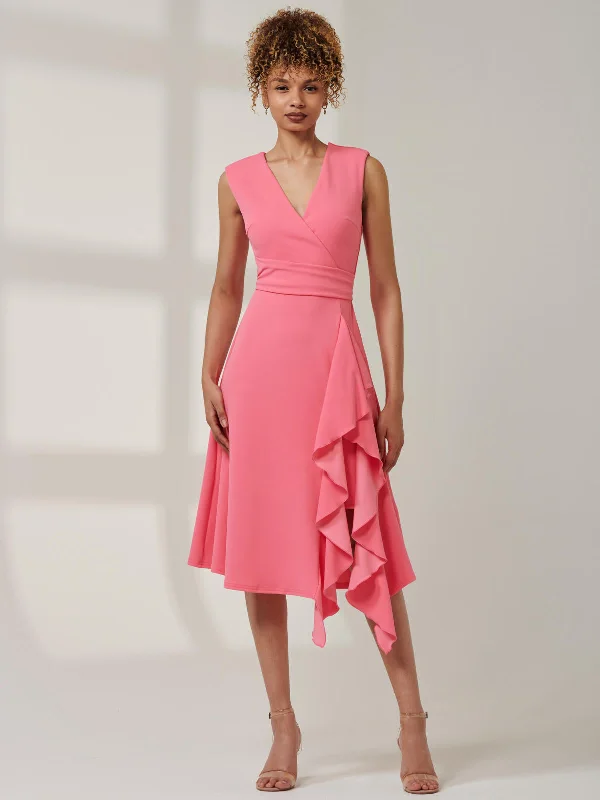 Qiana Ruffle Detail Midi Dress, Pink Trendy Off-Shoulder Ruffle Midi Dress