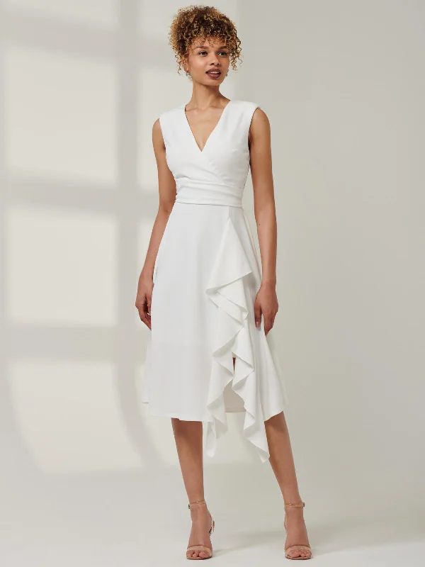 Qiana Ruffle Detail Midi Dress, White Trendy Flared Sleeve Midi Dress