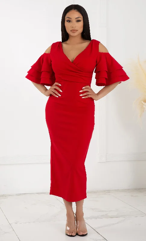 Raised Me Right Red Elbow Sleeve Ruffle Cross Wrap V Neck Cold Shoulder Bodycon Midi Dress Elegant Satin Slip Midi Dress Raised Me Right Red Elbow Sleeve Ruffle Cross Wrap V Neck Cold Shoulder Bodycon Midi Dress Elegant Satin Slip Midi Dress