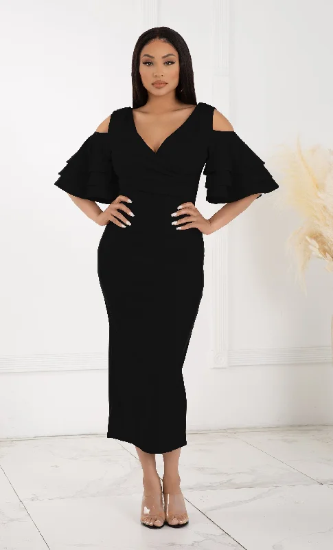 Raised Me Right Black Elbow Sleeve Ruffle Cross Wrap V Neck Cold Shoulder Bodycon Midi Dress Cozy Wide Strap Midi Dress