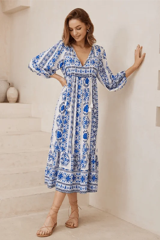 Rayne Boho Midi Dress - Blue Chic Lace Detail Midi Dress