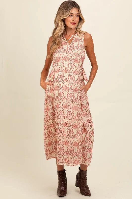 Red Floral Damask Wrap Maternity Midi Dress Stylish Silk Midi Dress