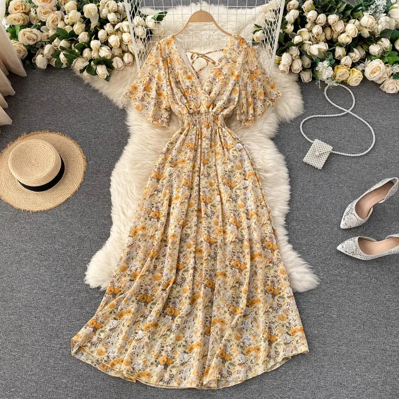 Retro Floral Print Ruffle Chiffon Elegant Midi Dress A-line V Neck Beach Vacation Dress Women Korean Fashion Summer Vestidos Elegant Sleeveless Midi Dress