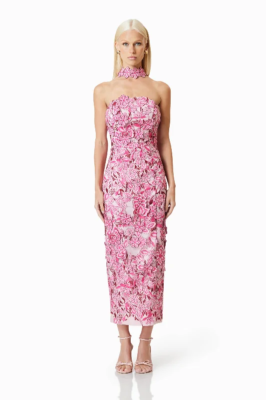 OMR x ELLIATT: Roseate Cocktail Midi Dress In Pink - Pre Order Trendy Mock Neck Midi Dress