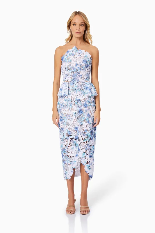 Savannah Fitted Strapless Midi Dress In Blue Comfortable Floral Print Midi Dress