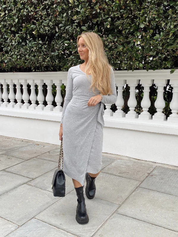 Selena V Neck Jersey Wrap Midi Dress / Grey Trendy Shift Midi Dress