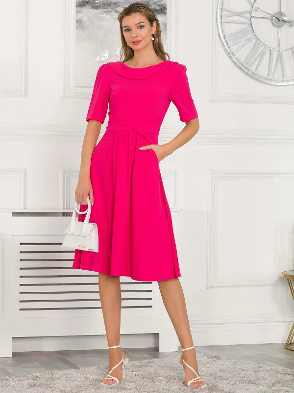Sharon Collar Midi Dress, Hot Pink Trendy Bodycon Midi Dress