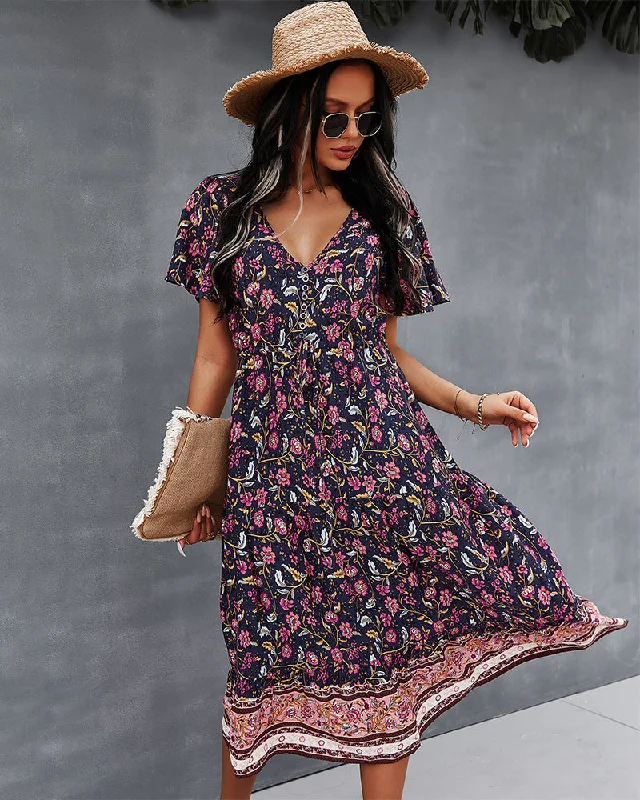 Short Sleeve Floral V Neck Midi Dress Fashionable Skater Midi Dress