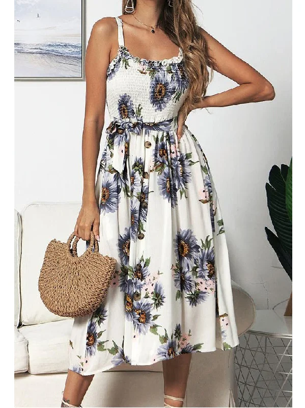 Spaghetti Strap Boho Wrap Waist Floral Midi Dress Stylish Off-Shoulder Ruffle Dress