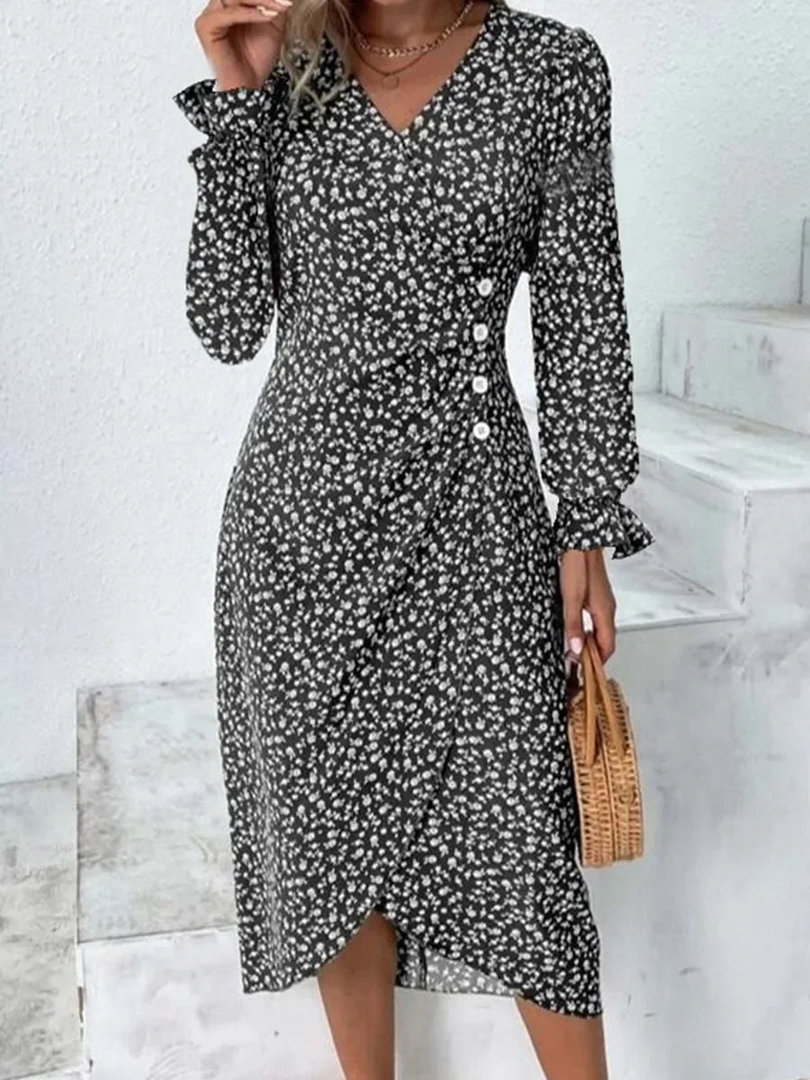 Spring Floral Bodycon Midi Dress For Women V Neck Long Sleeve Ruched Slim Fit Dresses Female Sexy Vestido Robe Fashionable High-Low Midi Dress