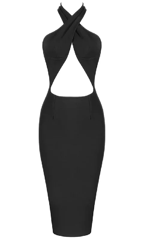 Stealing The Spotlight Black Sleeveless Wrap Halter Neck Cut Out Waist Backless Bodycon Midi Dress Comfortable Stretch Midi Dress Stealing The Spotlight Black Sleeveless Wrap Halter Neck Cut Out Waist Backless Bodycon Midi Dress Comfortable Stretch Midi Dress