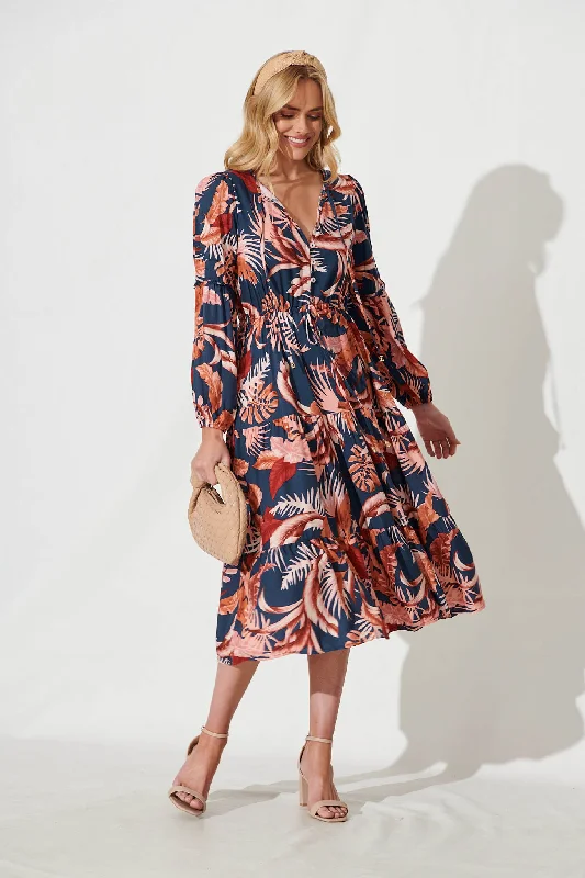 Ti Amo Midi Dress In Navy With Rust Floral Print Chic Bohemian Midi Dress