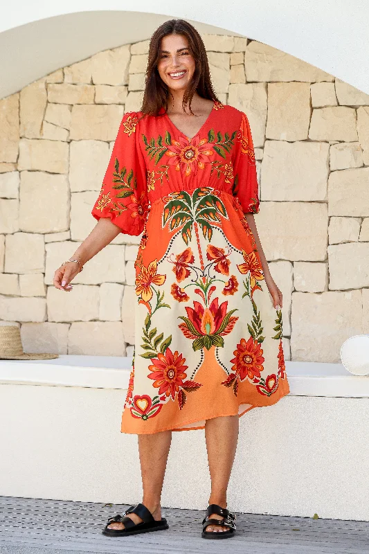 Tropicana Midi Dress - Fire Floral - PREORDER Elegant Puff Sleeve Midi Dress