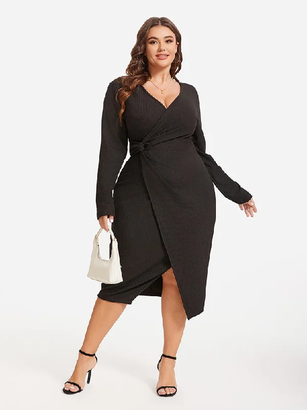 Solid Twist Front Wrap Hem Midi Dress Fashionable Plaid Midi Dress