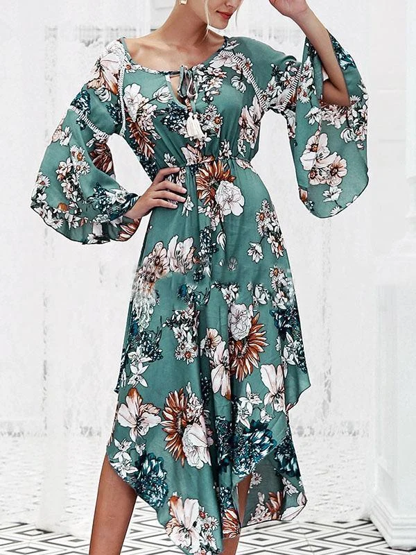 V NECK LONG SLEEVES FLORAL MIDI DRESS Fashionable Casual Midi Dress