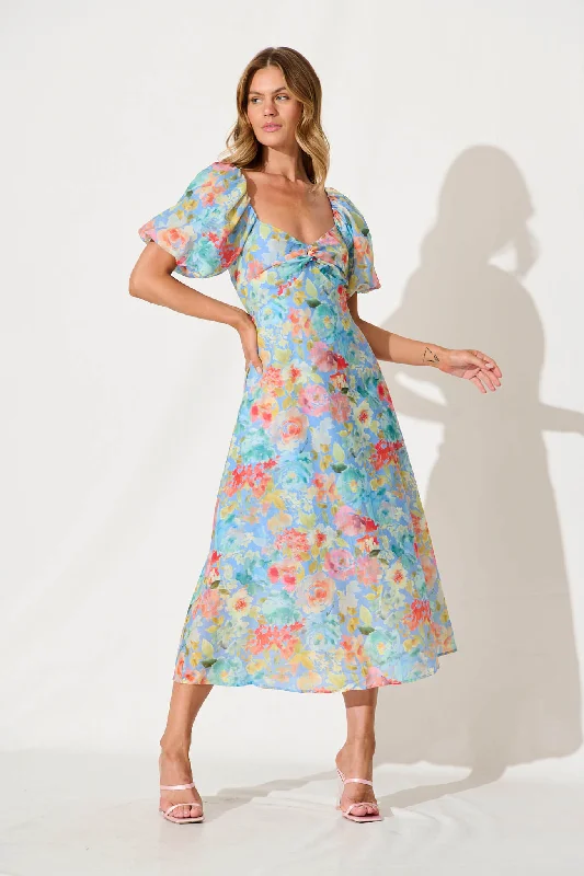 Vale Midi Dress In Blue With Multi Floral Cotton Blend Trendy Midi Dress with Belt