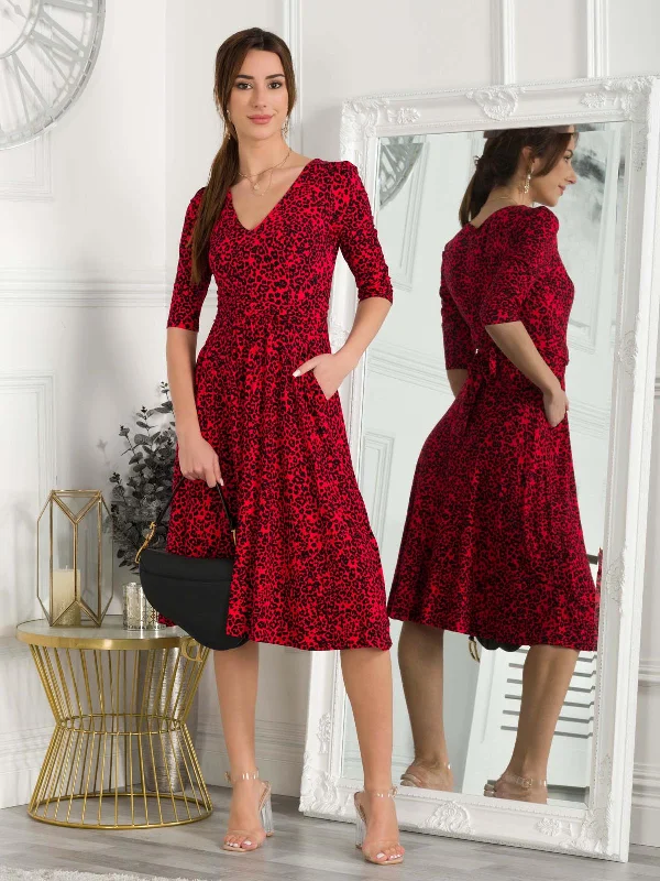 Valeria Viscose Midi Dress, Red Animal Comfortable Ruched Midi Dress