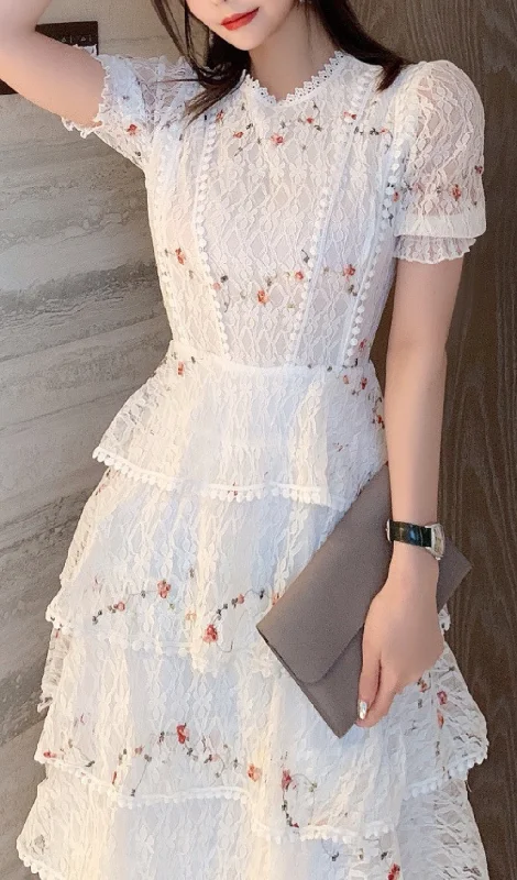 WHITE FLORAL LACE MIDI DRESS Elegant Satin Button Midi Dress