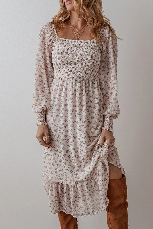 White Floral Print Shirred Ruffled Hem Square Neck Midi Dress Comfortable Stretch Midi Dress