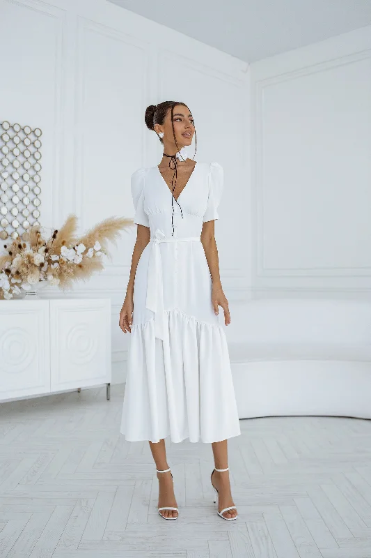 White Puff-Sleeve Belted Midi Dress Fashionable High-Low Midi Dress