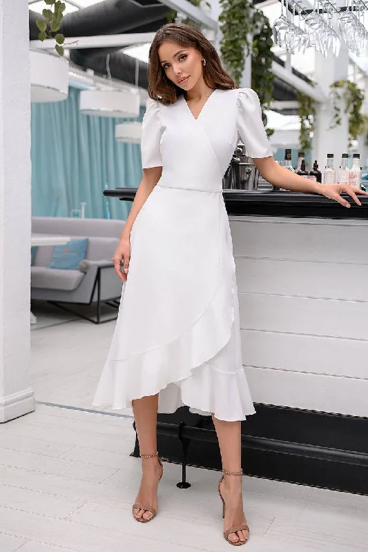 White Wrap Short Sleeve Midi Dress Comfortable Adjustable Strap Midi Dress