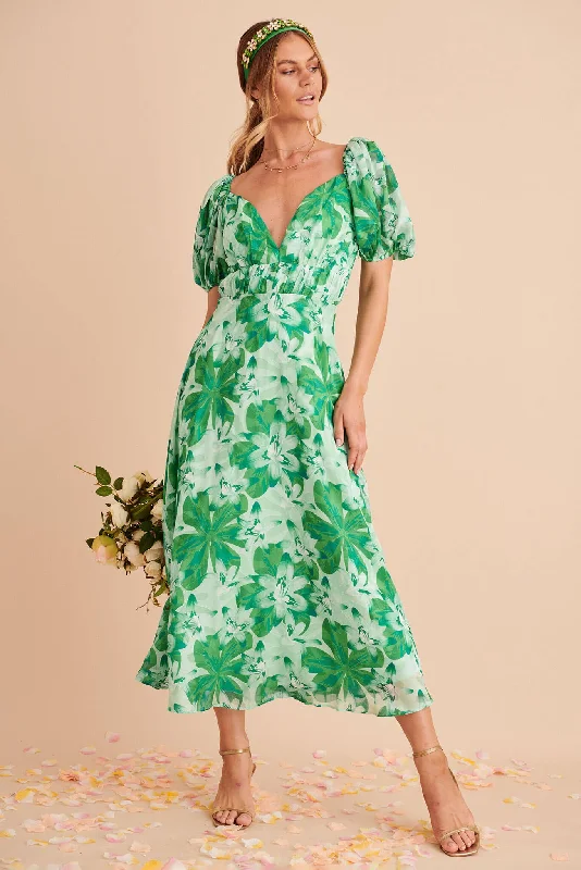 Whitley Midi Dress In Green Floral Burnout Chiffon Cozy Wide Strap Midi Dress