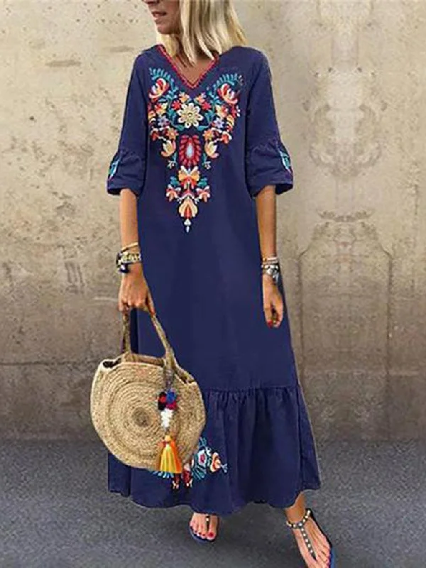 Women Casual Boho Floral Embroidery V-Neck Ruffled Linen Maxi Kaftan Midi Dresses Cozy Ribbed Knit Midi Dress